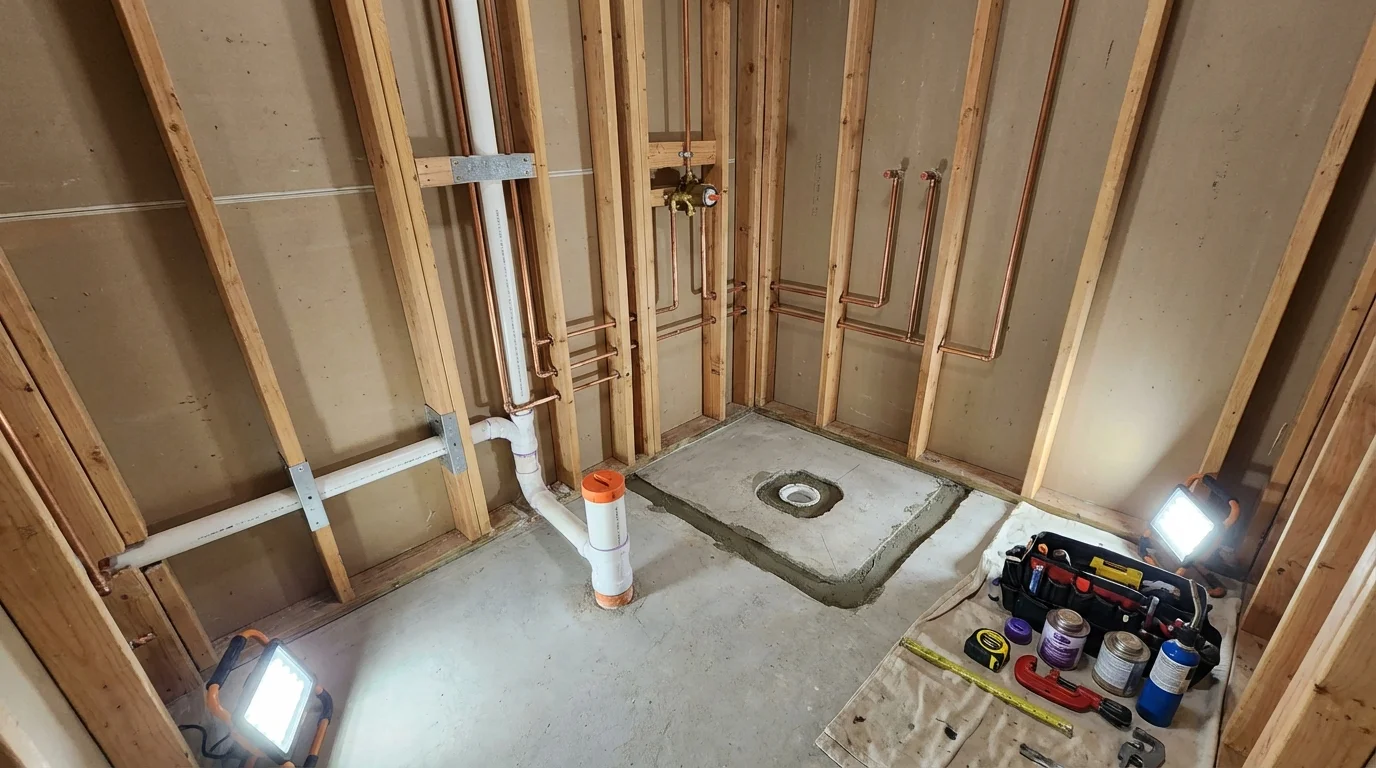 Bathroom rough-in plumbing during remodel by Johns Plumbing LLC in Duryea