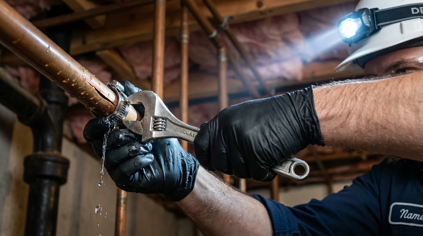 Emergency pipe clamp repair being performed by a Johns Plumbing LLC plumber in Duryea