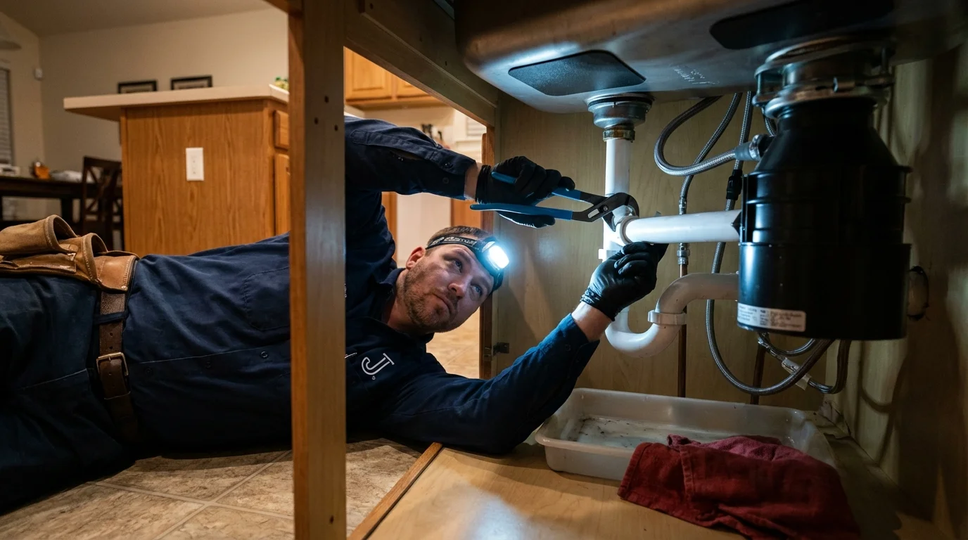 P-trap and supply line connections under a kitchen sink showing a common leak point in Duryea, PA